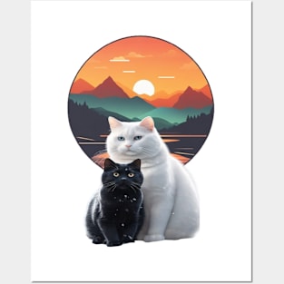 sunset white and black cat Posters and Art